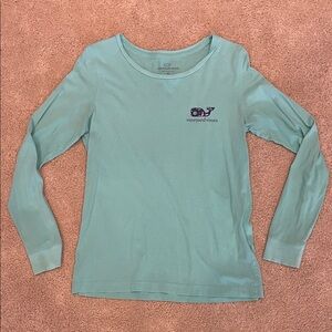 Vineyard Vines teal longsleeve women tshirt with navy nautical themed whale, XS